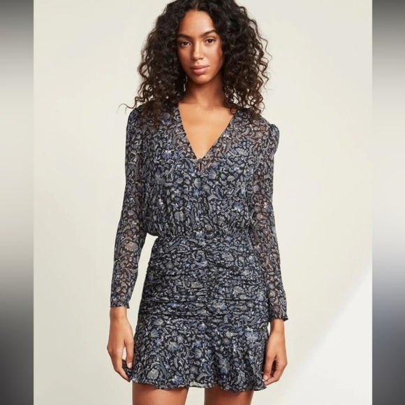 Veronica Beard 100% Silk Floral Long Sleeve Ruched Mini Dress Size 6 Party Blue - Picture 2 of 14